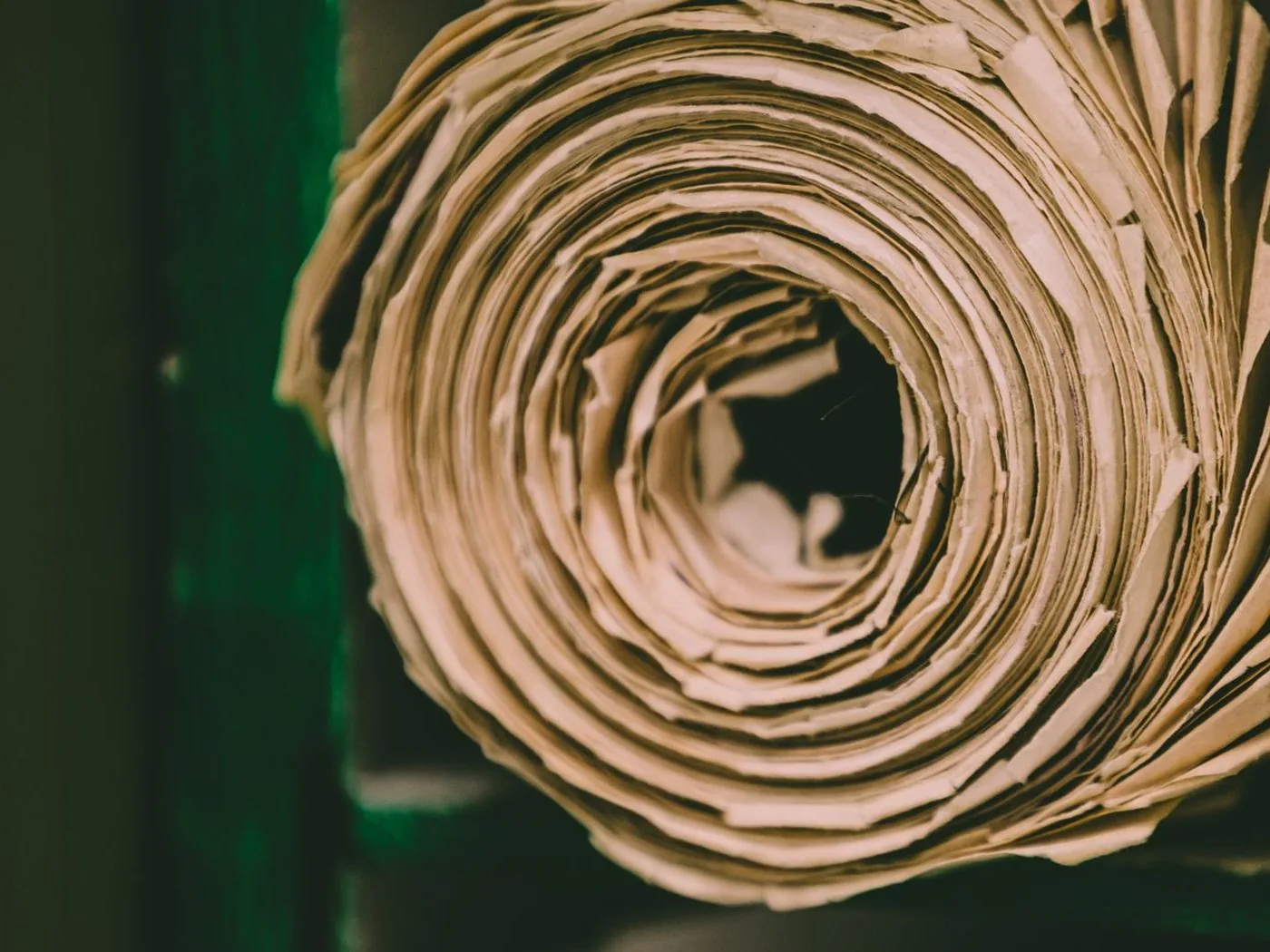 Rollo de papel kraft junto a pliegos abanicados.