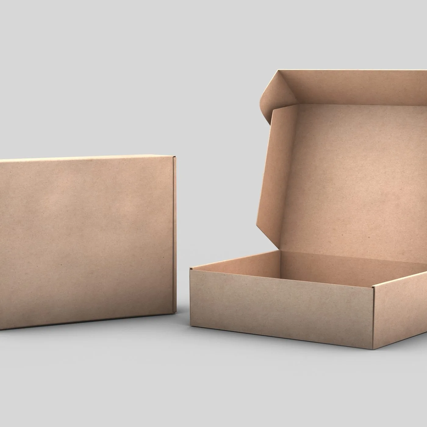 Caja de cartón corrugado con solapa entreabierta mostrando el canal corrugado.